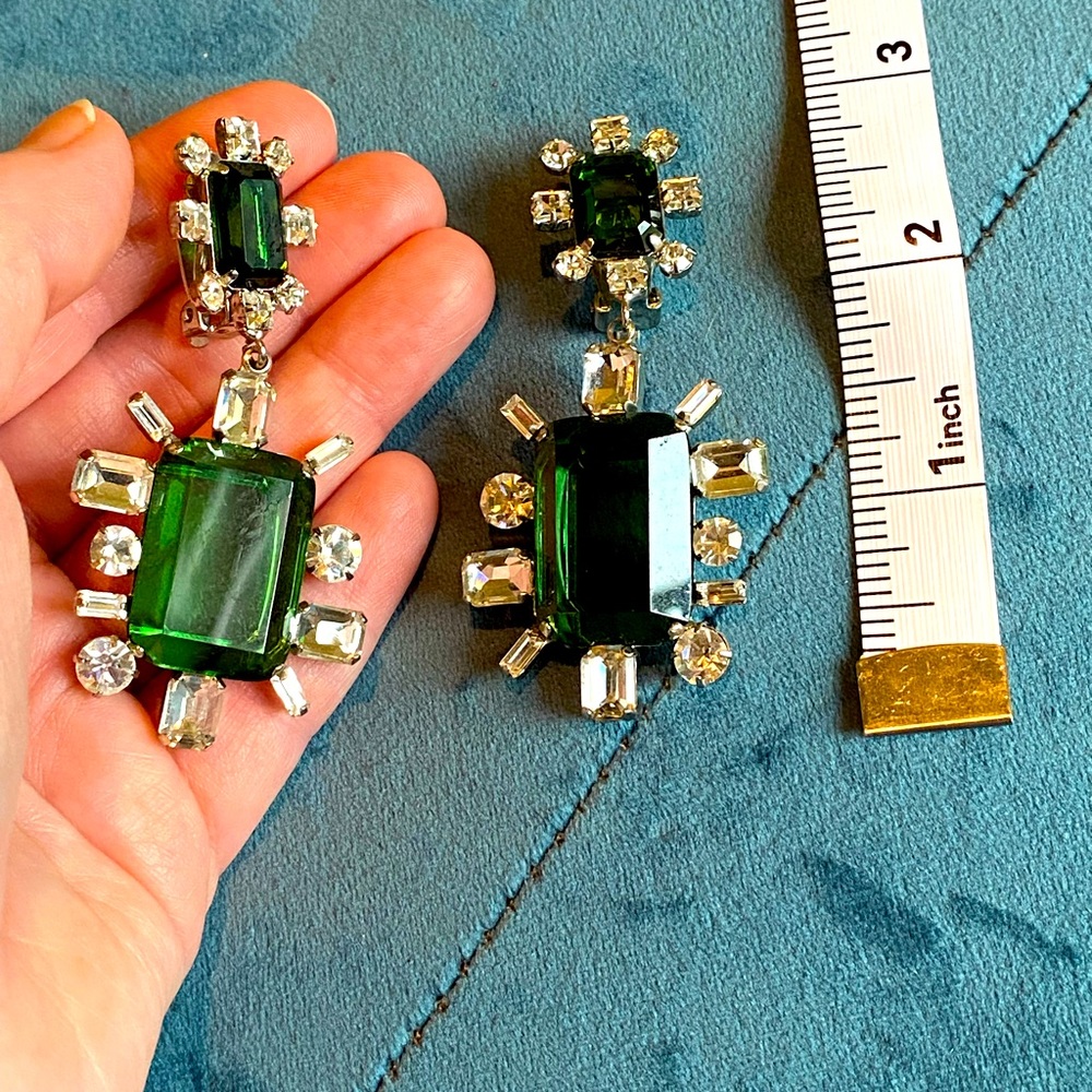 Emerald and rhinestone clip earrings